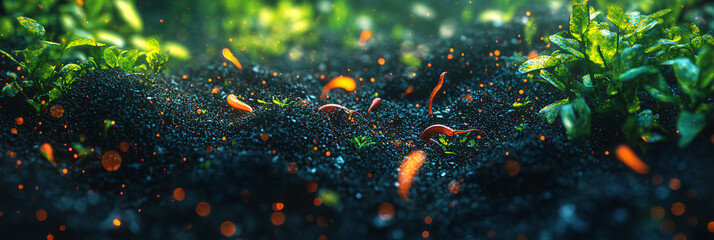 An abstract representation of soil teeming with life, illustrating the vibrant microorganisms and worms that support biodynamic agriculture, surrounded by lush green plants.  