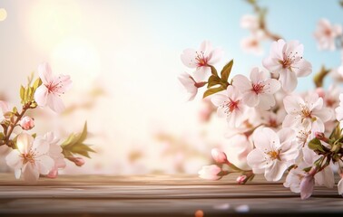 Spring background with a wooden table top and blurred cherry blossoms in the garden