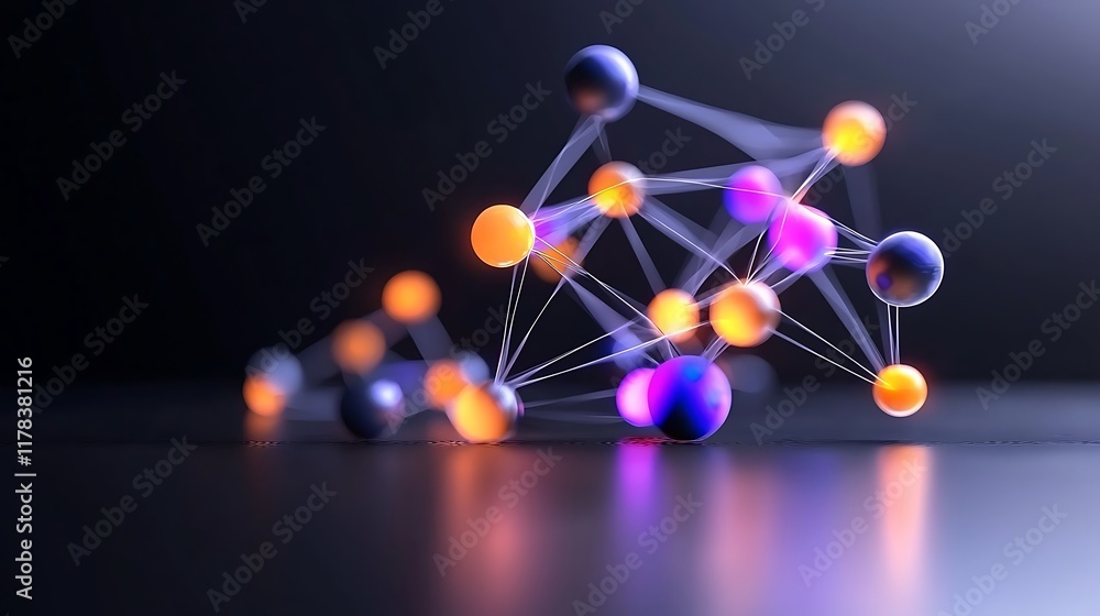 Poster abstract 3d rendering of a molecule structure with glowing spheres and connecting lines on a dark ba