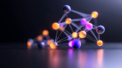 Abstract 3D rendering of a molecule structure with glowing spheres and connecting lines on a dark background.