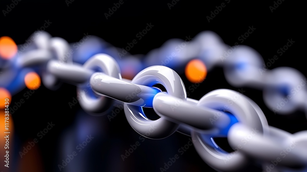 Poster abstract 3d rendering of a shiny white chain with blue glowing links against a dark background, sugg