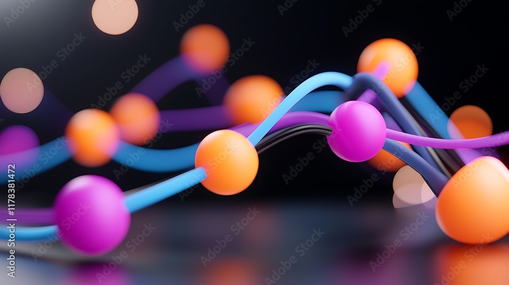 Fototapete abstract 3d rendering of colorful spheres connected by lines, creating a dynamic and flowing network