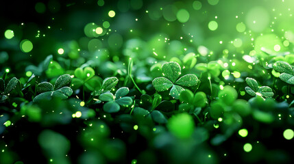 Lush green clover field with sparkling dew drops