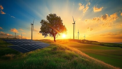 Renewable energy landscape with solar panels and wind turbines at sunset, clean energy generation, peaceful atmosphere, vibrant colors in the sky, ultraclear resolution