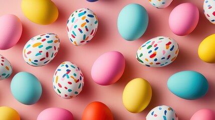 Fototapeta premium Colorful Easter eggs arranged on a pastel background