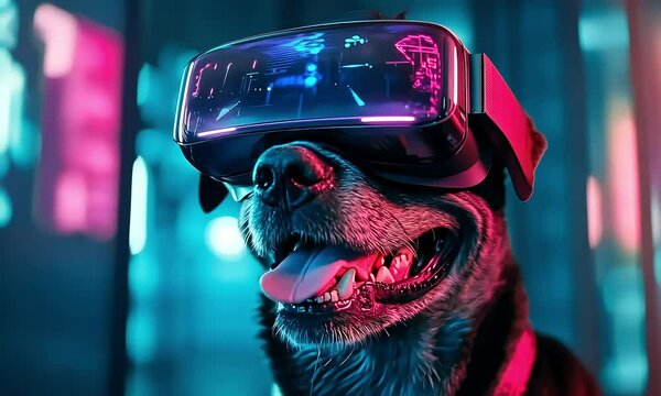 Playful Dog Wearing Virtual Reality Headset in Neon Cityscape