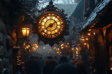 Obraz premium Ornate Clock Adorns A Snowy Winter Village Street