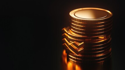 Golden coin stacks with financial growth arrows, representing economic success and business investment.