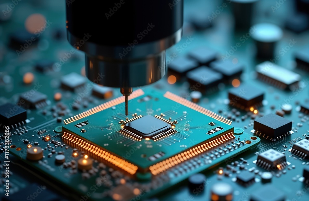 Poster Close-up view of microprocessor placed on circuit board. Advanced tech process in lab setting. Automated manufacturing in tech sector. Modern electric equipment, hardware in production line. Precise
