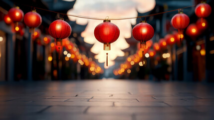 Vibrant red lanterns illuminating a tranquil evening street