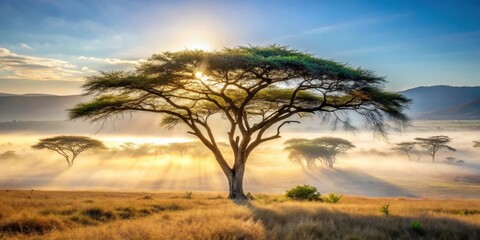 Fototapeta premium Golden Sunrise Illuminates a Majestic Savanna Tree, Mist Shrouding the Serene Landscape
