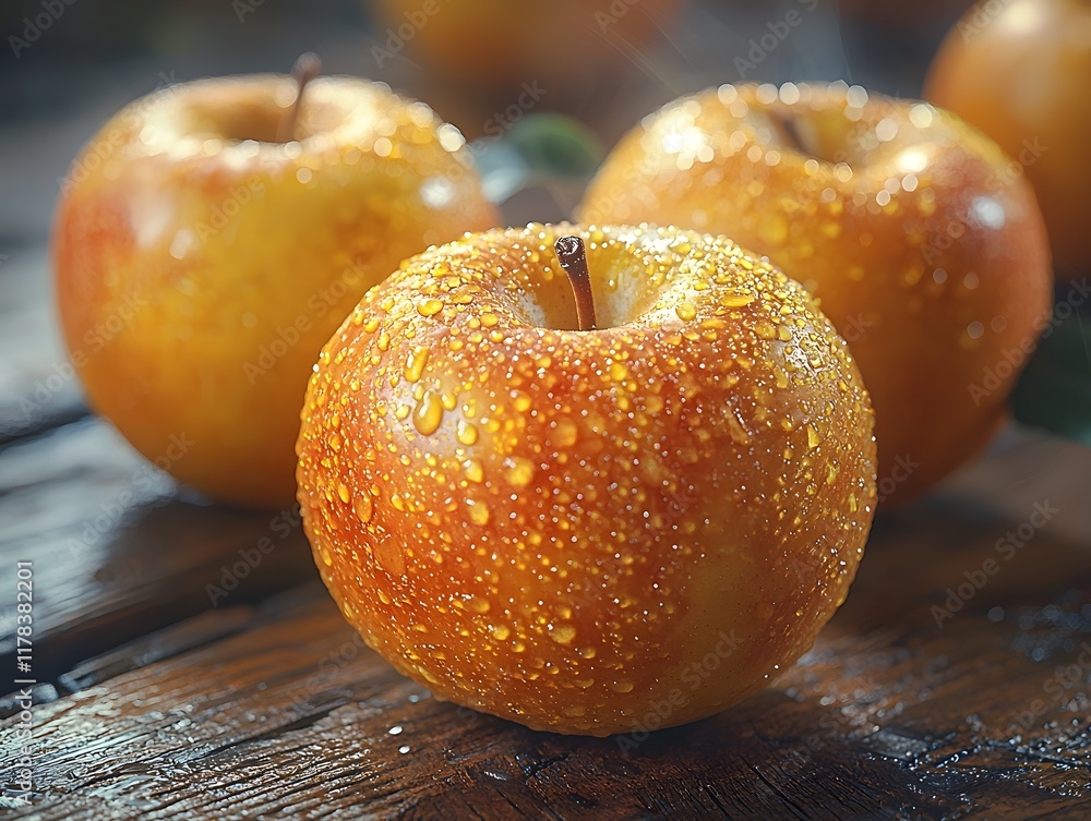 Poster golden apples on rustic wooden table with soft sunlight and simplicity