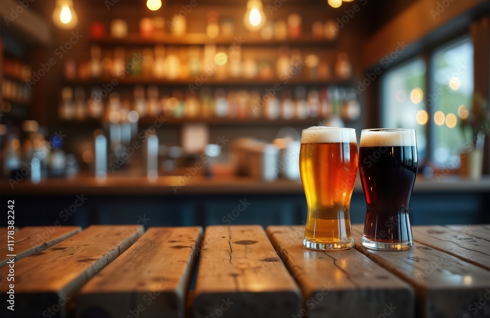 Poster empty wooden table in pub restaurant. two beer glasses stand on table. blurred bar background shows 