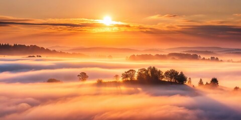 Obraz premium Golden Sunrise Over Misty Hills, Illuminating Silhouetted Trees and Rolling Fog Banks
