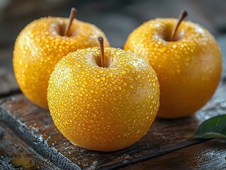 Glowing Golden Apples on a Rustic Wooden Simplicity and Warm Lighting
