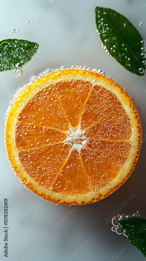 Poster refreshing slice of orange floating in clear water with bubbles