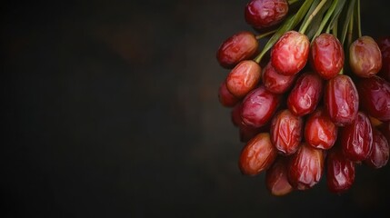 Obraz premium Fresh date fruits bunch on dark background.