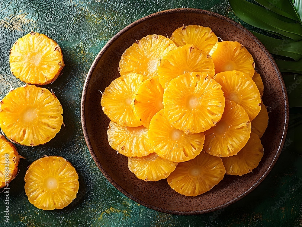 Poster bright pineapple slices arranged in a vibrant tropical circular pattern