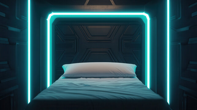 Futuristic hospital bed with glowing blue panels in dark sci fi room