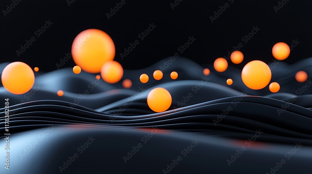 Aufkleber abstract 3d rendering of orange spheres floating over dark wavy surface.