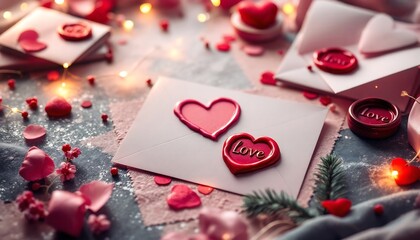 Romantic Valentine's Day Envelope with Wax Seals and Hearts - Stock Photo