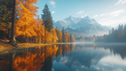 Obraz premium Beautiful autumn scene at hintersee lake with colorful morning views of the bavarian alps