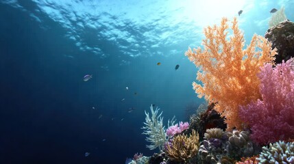 Vibrant underwater scene with coral and diverse fish species.