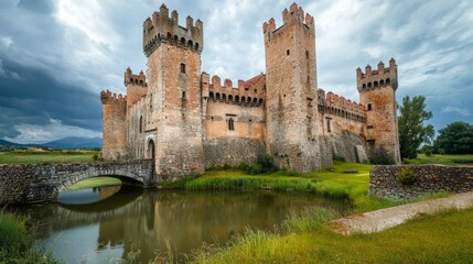 Majestic medieval castle surrounded by lush greenery and tranquil water, set against a dramatic sky, showcasing ancient architecture and historic significance in a picturesque landscape
