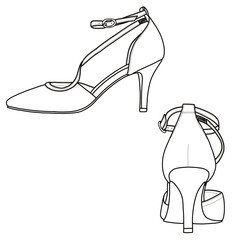 Vector sketch of women's mid-heel ankle strap, party shoes, stiletto with buckle. Outline vector doodle illustration, side, and back view, isolated on a white background 