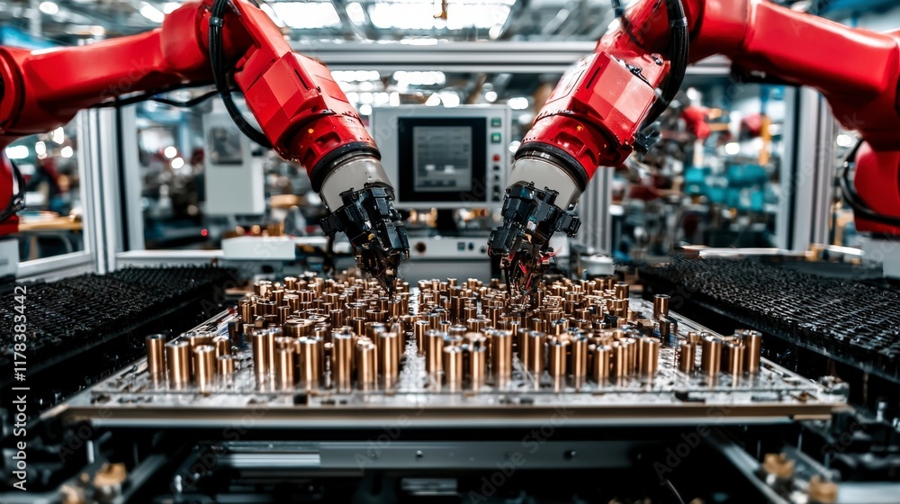 Poster automated factory robotic arms assembling circuit board components