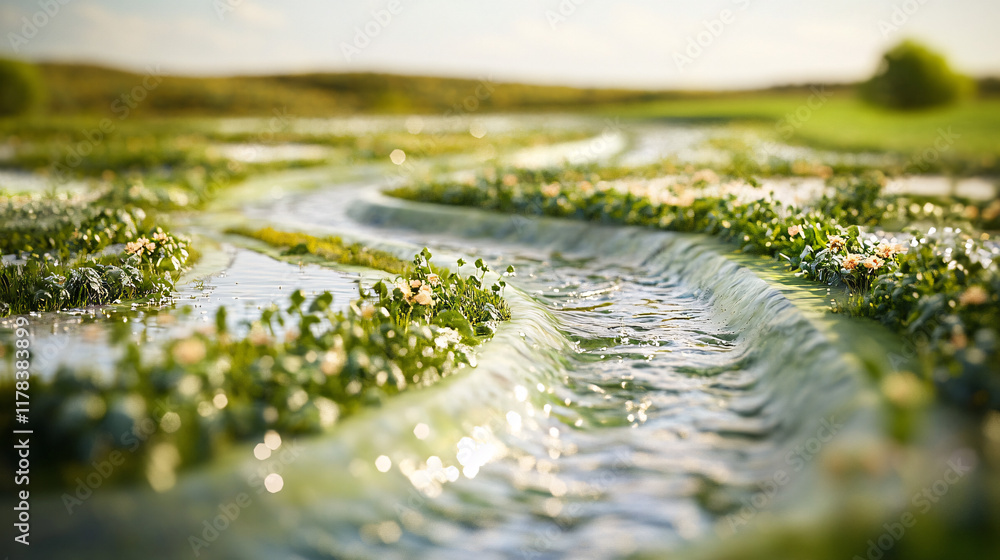 Poster an abstract representation of water flowing through a biodynamic landscape, nourishing crops and con