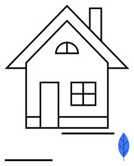 Simple house with chimney, arched window, and blue leaf accent. Ideal for housing, real estate, eco living, construction, sustainability, design abstract line flat metaphor