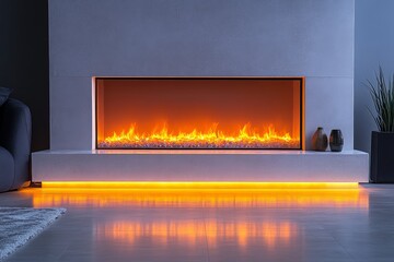 White electric fireplace with flames and LED lights above in an empty room, modern low-profile design with glass shelf and light strip.