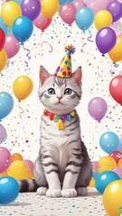 cat wallpaper cute cartoon,Kitten wearing a party hat, surrounded by balloons and confetti in a room

