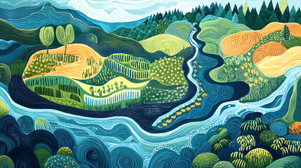 An abstract representation of water flowing through a biodynamic landscape, nourishing crops and connecting different elements of the farm, illustrating the cycle of life. 