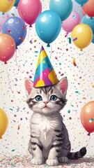 cat wallpaper cute cartoon,Kitten wearing a party hat, surrounded by balloons and confetti in a room


