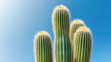 A close-up of tall cacti against a blue sky.