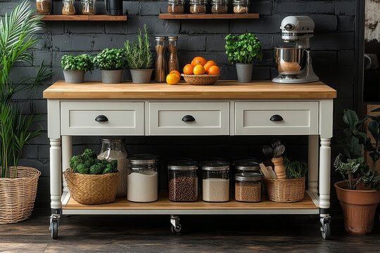 White solid wood kitchen cart with two drawers, four cabinet doors on wheels, for coffee bar, with natural oak countertop for cooking or serving in dining room.
