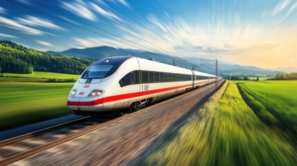 Fototapeta premium Scenic Train Passing Through Green Fields and Mountains