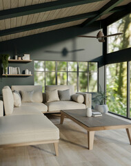 Obraz premium The interior design of a cozy contemporary forest house living room features a white corner sofa.