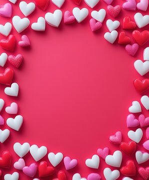 A charming circle of vibrant hearts radiates love against a soft pink backdrop, capturing the essence of romance and celebration on Valentine's Day.