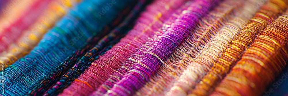 Poster an abstract representation of weaving, with colorful threads interlaced in a mesmerizing pattern, sy