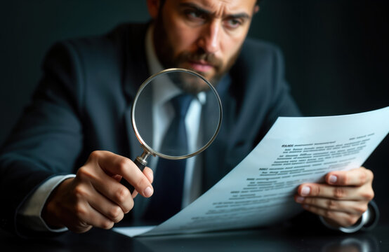 Businessman examines contract document using magnifying glass. Focused on details of legal agreement. Intense concentration on important business deal. Serious expression suggests critical review