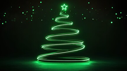 Sleek neon Christmas tree design glows in bright green light, standing out in a dark festive setting.