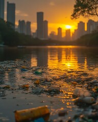 Fototapeta premium City skyline at sunset with the golden glow of the sun