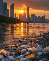 Fototapeta premium City skyline at sunset with the golden glow of the sun