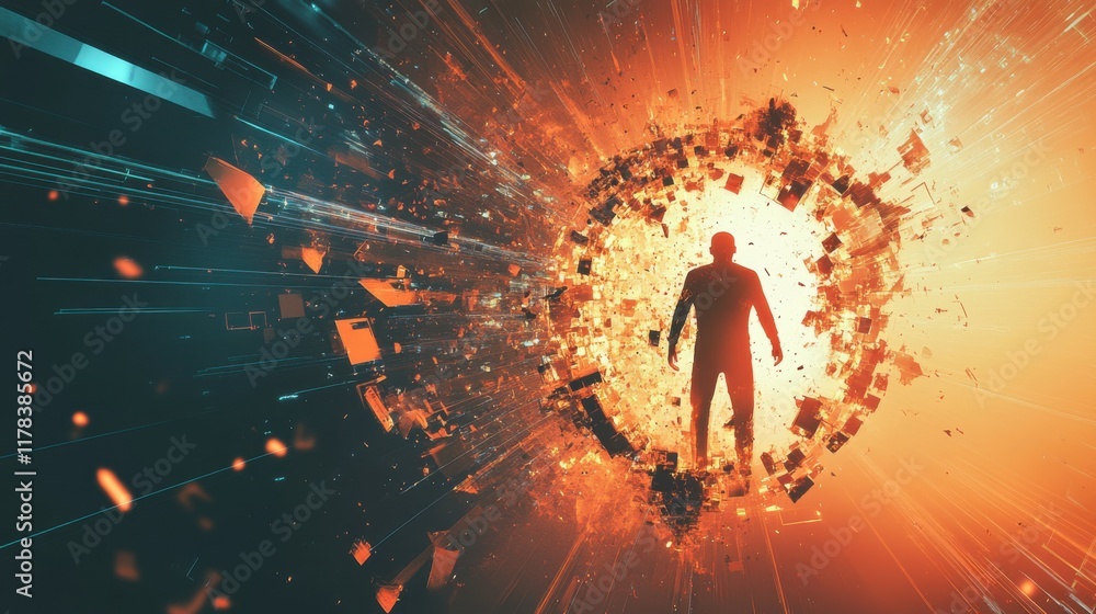 Poster digital hacker breaking through a virtual firewall
