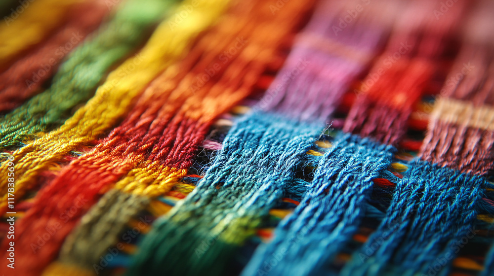 Poster an abstract representation of weaving, with colorful threads interlaced in a mesmerizing pattern, sy