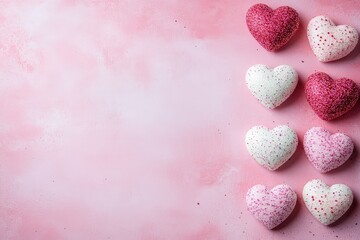 Obraz premium A whimsical array of vibrant hearts sprawled across a soft pink surface, celebrating the essence of love and affection on Valentine's Day.