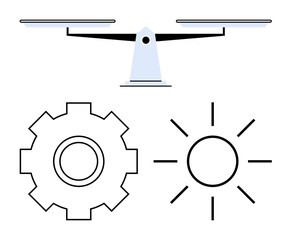Balance scale above a gear and sun, symbolizing harmony between technology and renewable energy. Ideal for sustainability, innovation, equality, energy balance, decision-making, eco-friendliness